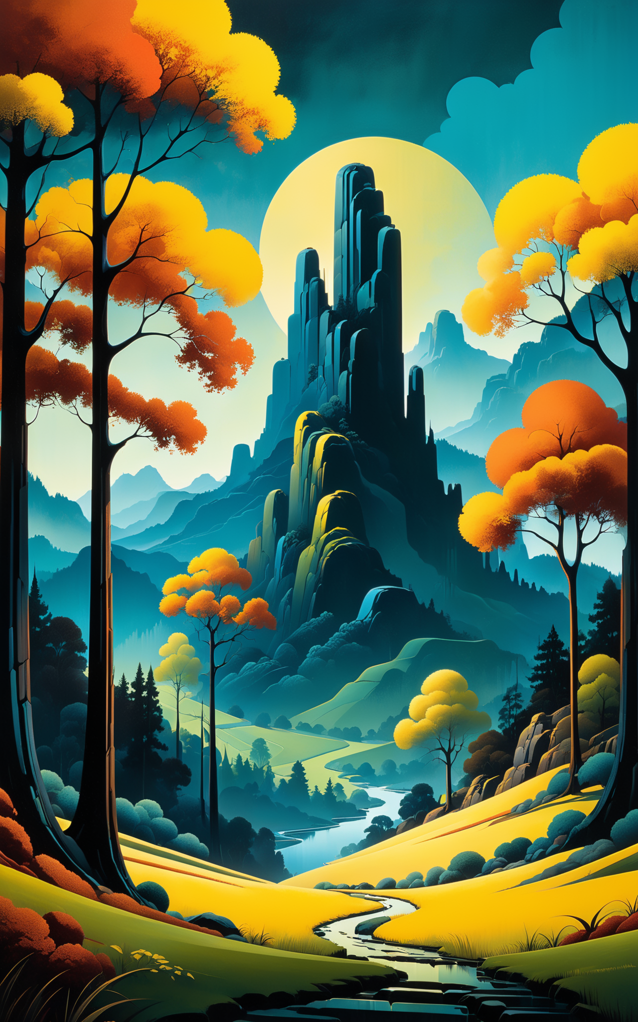 05605-3948574900-Create a painting of the base image landscape in the style of Eyvind Earle, complex background, medium_ old film grain, tetradic.png